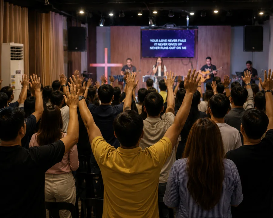 Congregation with hands raised during Sunday worship
